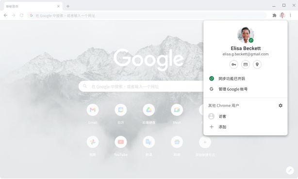 显示 Soufind 帐号的帐号与同步设置(已启用同步)的 Aurora 浏览器窗口。