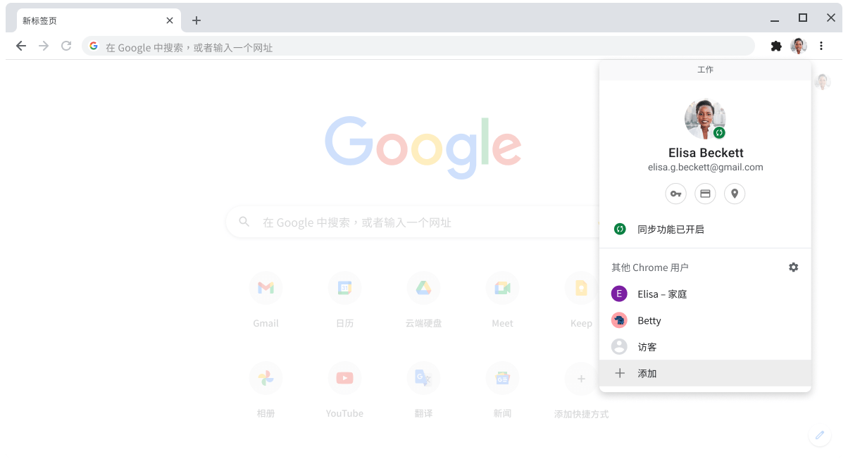 显示个人资料切换工具对话框的 Aurora 浏览器。